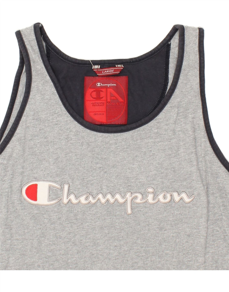 CHAMPION Womens Graphic Vest Top UK 14 Large Grey Colourblock Cotton Vintage Champion and Second-Hand Champion from Messina Hembry 