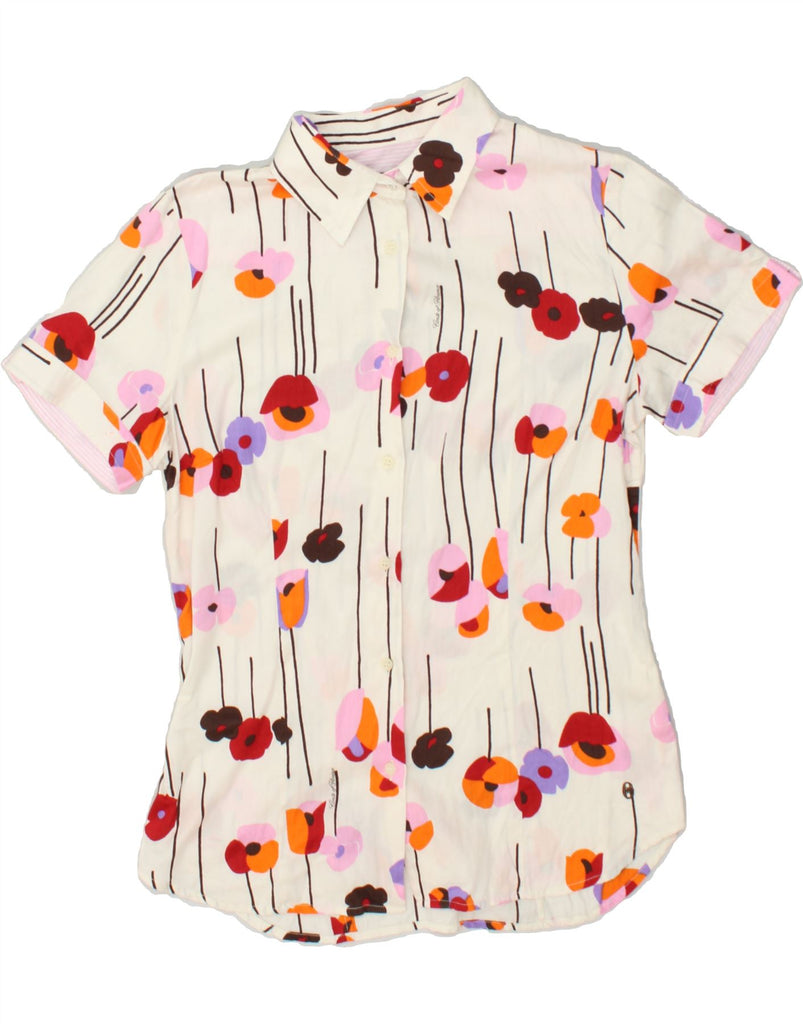 CONTE OF FLORENCE Womens Short Sleeve Shirt UK 14 Medium Off White Floral | Vintage Conte of Florence | Thrift | Second-Hand Conte of Florence | Used Clothing | Messina Hembry 