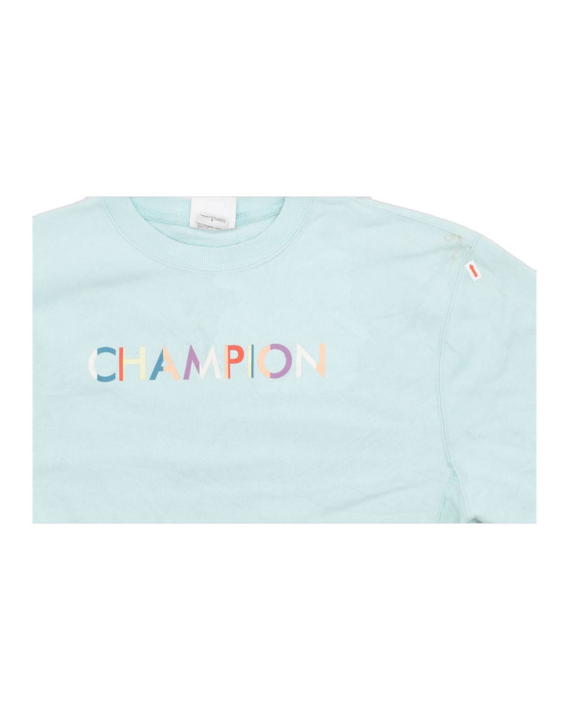 CHAMPION Womens Crop Graphic Sweatshirt Jumper UK 12 Medium Turquoise | Vintage | Thrift | Second-Hand | Used Clothing | Messina Hembry 