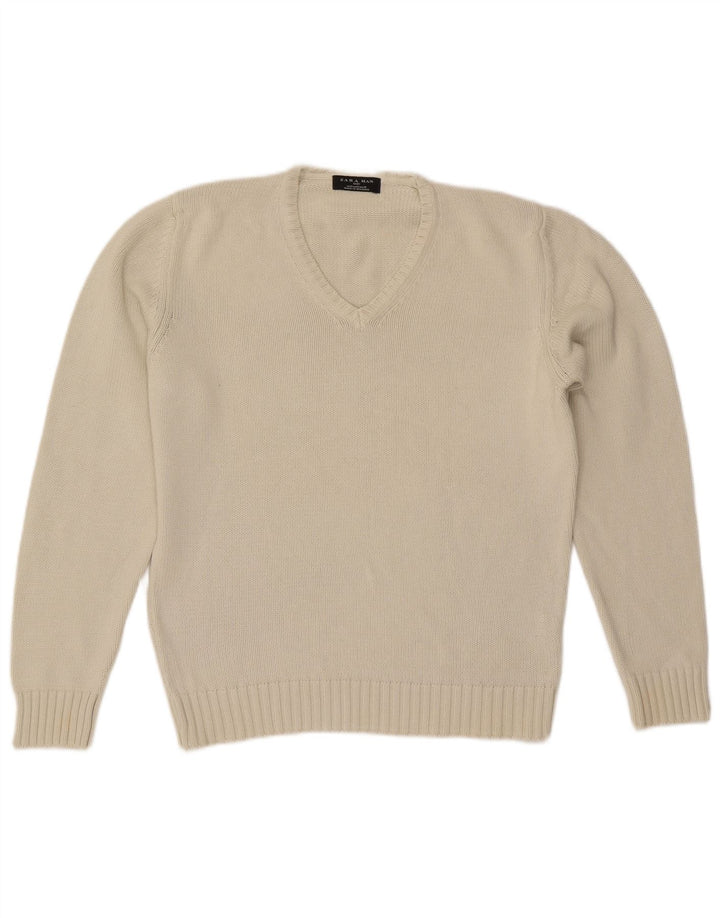 Zara Mens V-Neck Jumper Sweater Medium Beige Cotton
