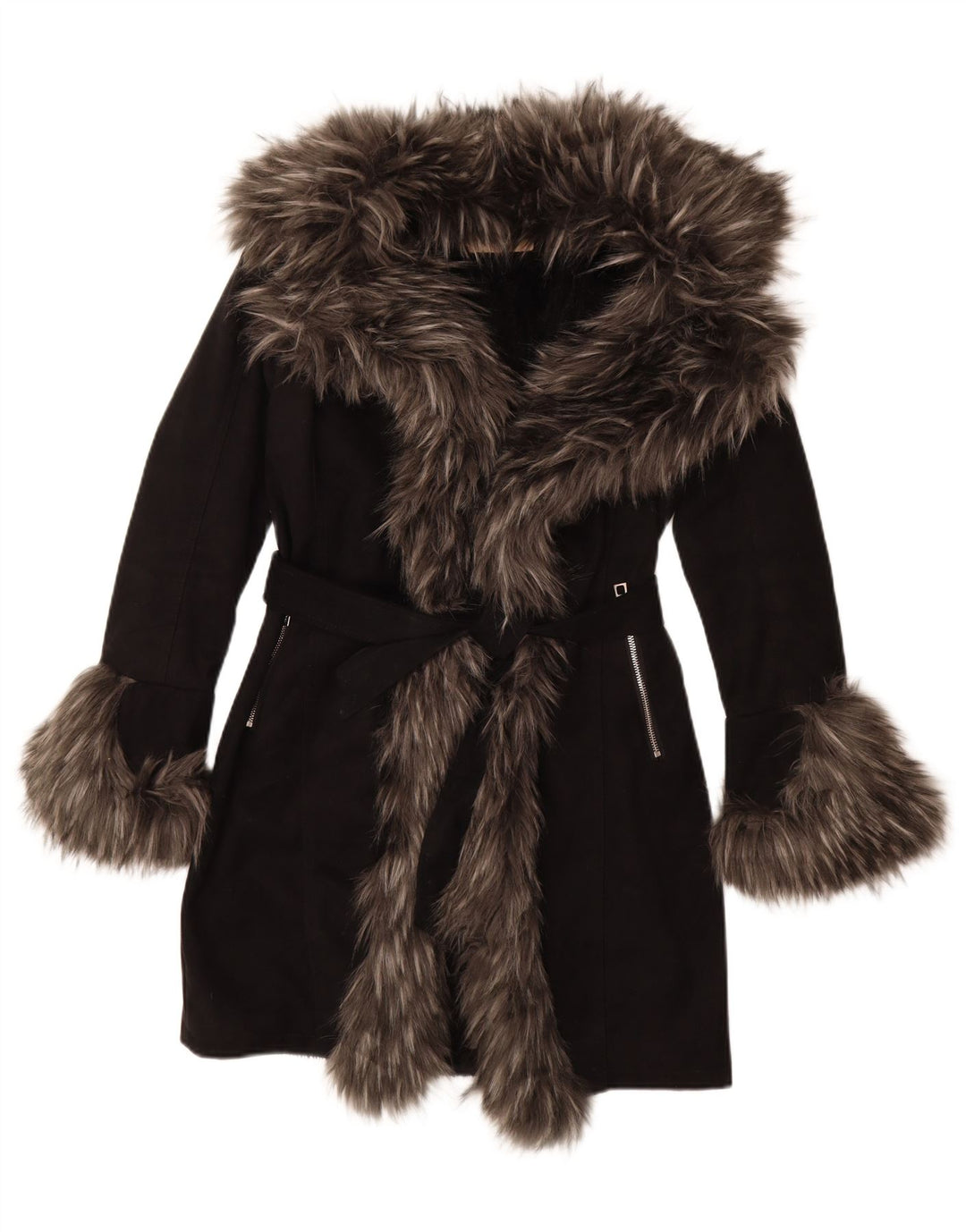 Vintage Womens Sherpa Overcoat EU 36 Small Black Acrylic