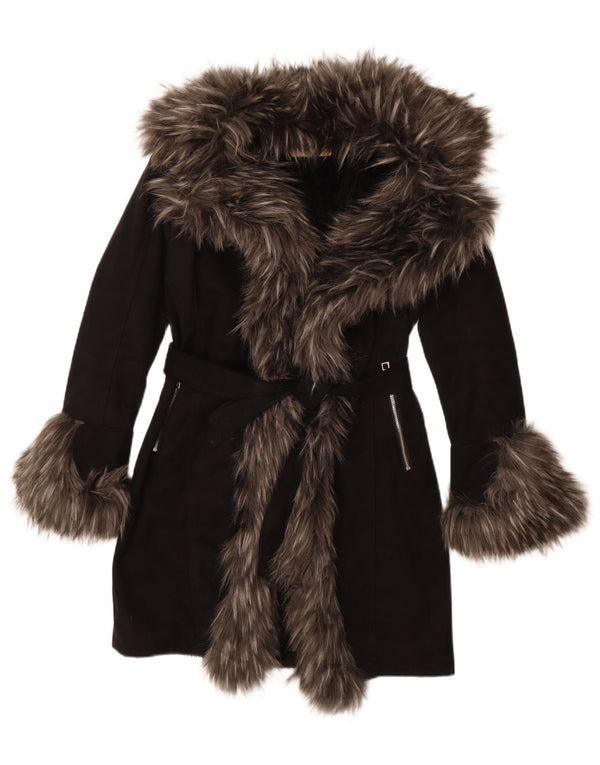 Vintage Womens Sherpa Overcoat EU 36 Small Black Acrylic