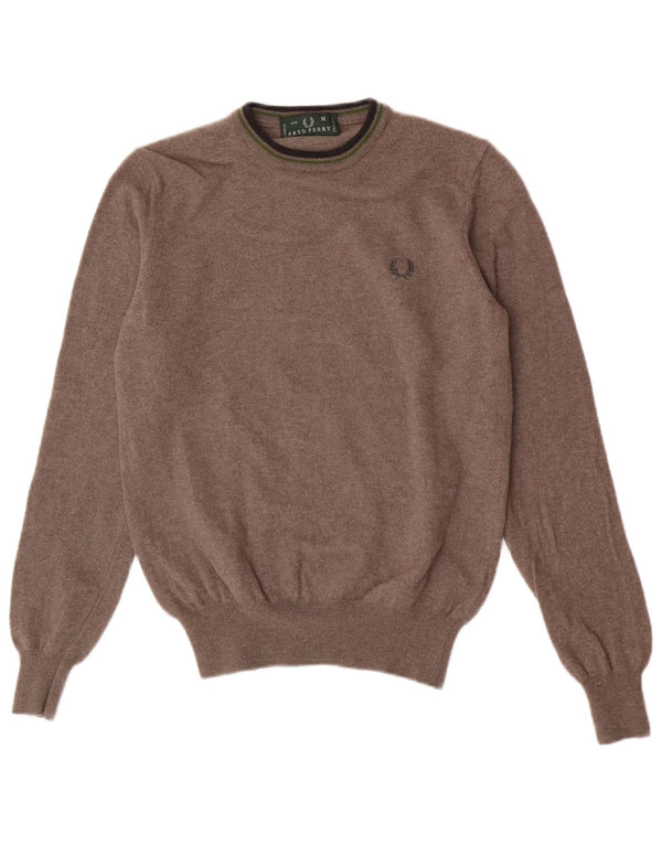 Fred Perry Womens Crew Neck Jumper Sweater UK 12 Medium Brown Wool