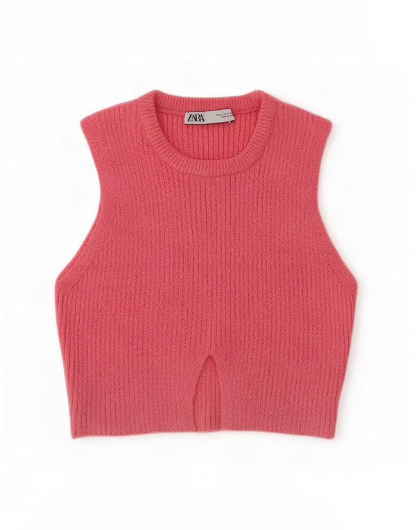Zara Womens Crop Vest Tank Top UK 8 Small Pink Cotton