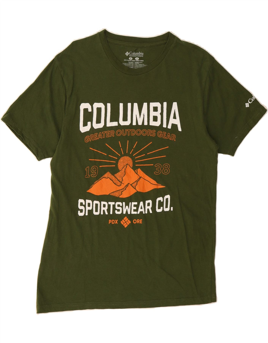 COLUMBIA Mens Graphic T-Shirt Top Medium Green Cotton Vintage Columbia and Second-Hand Columbia from Messina Hembry 