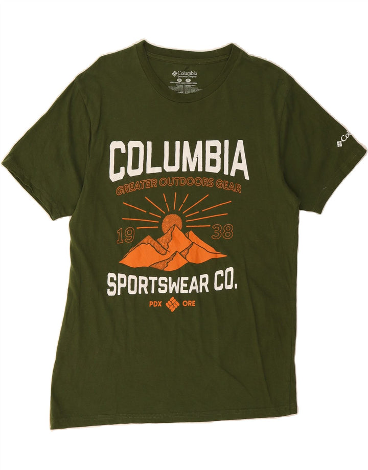 COLUMBIA Mens Graphic T-Shirt Top Medium Green Cotton Vintage Columbia and Second-Hand Columbia from Messina Hembry 