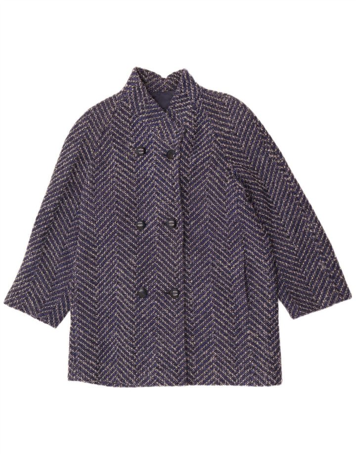 Vintage Womens Double Breasted Coat UK 14 Large Navy Blue Chevron Wool