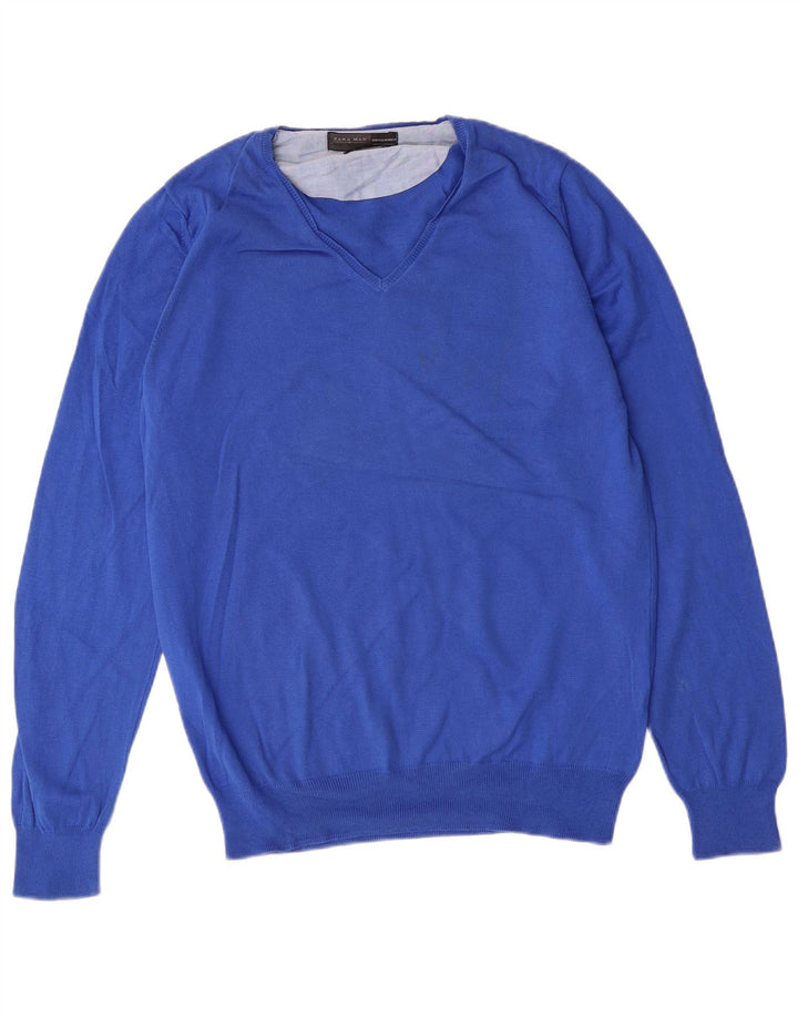 Zara Mens V-Neck Jumper Sweater Medium Blue Cotton