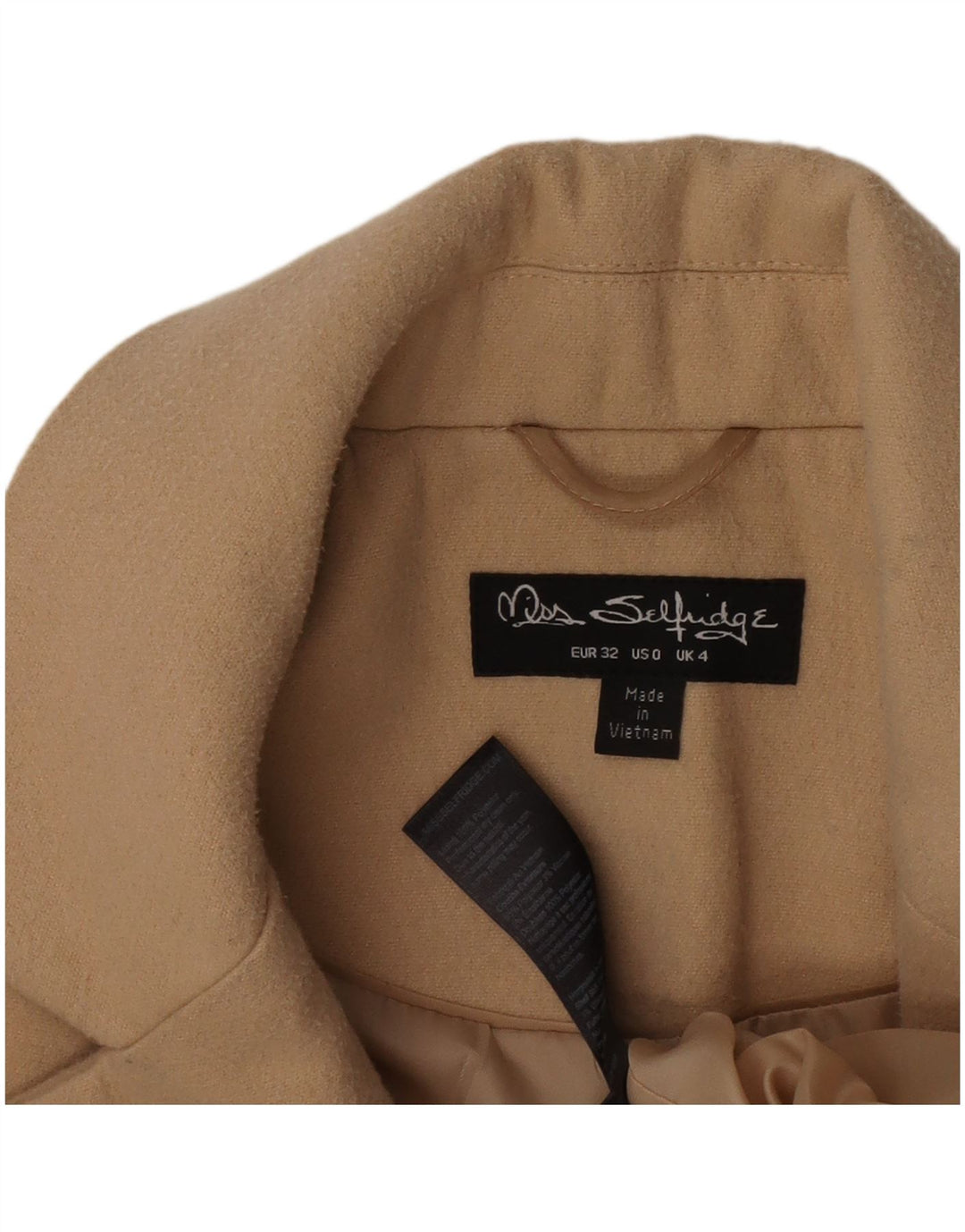 Miss Selfridge Womens Overcoat UK 4 XS Beige Polyester