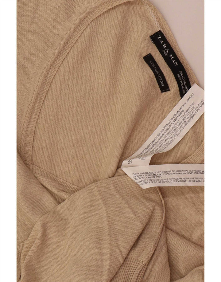 Zara Mens V-Neck Jumper Sweater Large Beige Cotton