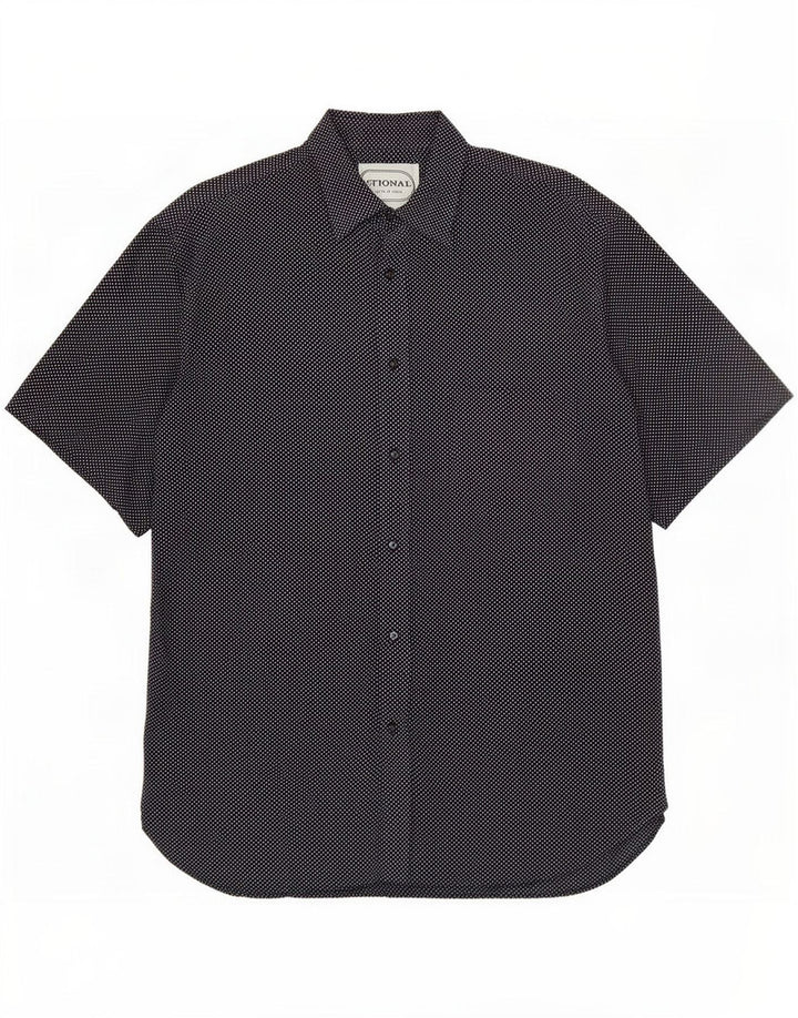 Vintage Mens Short Sleeve Shirt Medium Navy Blue Spotted Viscose