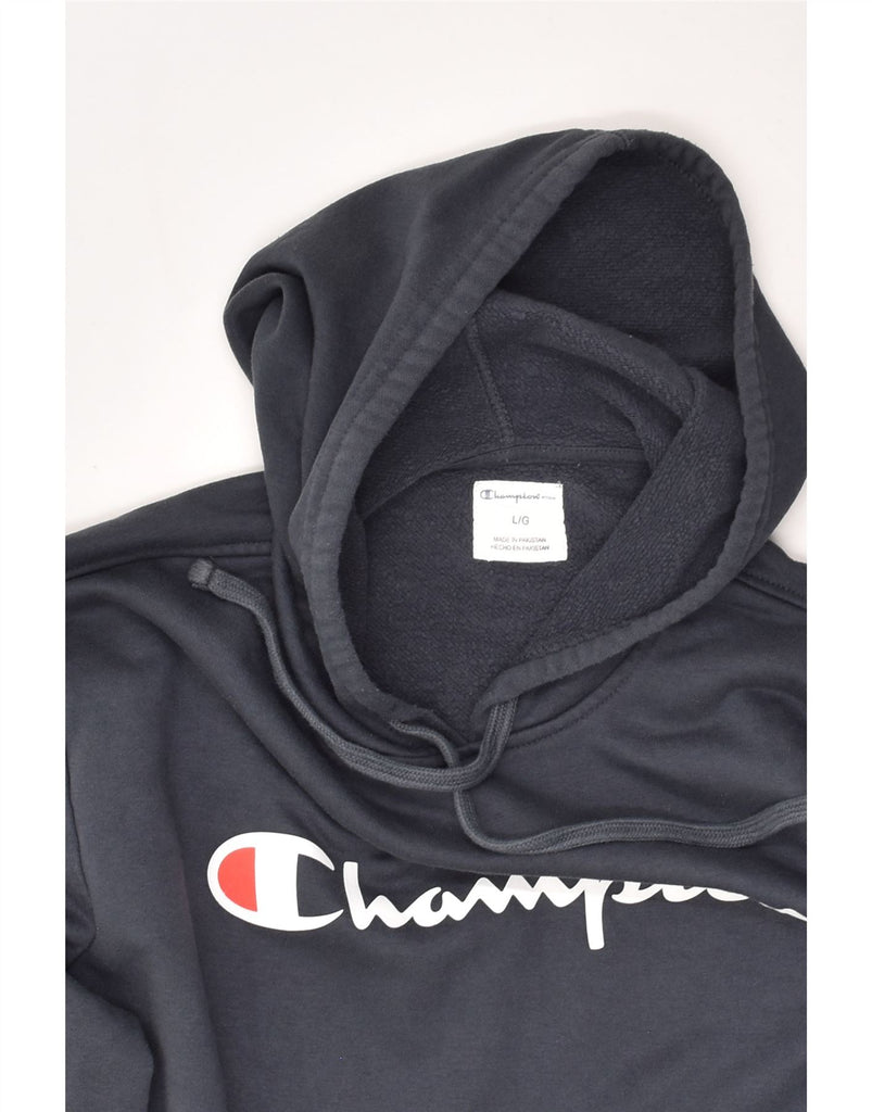 CHAMPION Mens Graphic Hoodie Jumper Large Navy Blue Cotton | Vintage Champion | Thrift | Second-Hand Champion | Used Clothing | Messina Hembry 