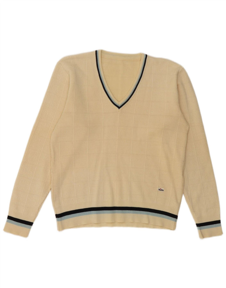 Vintage Mens V-Neck Jumper Sweater UK 36 Small Off White Wool
