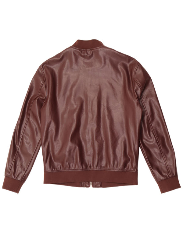 Zara Mens Faux Leather Bomber Jacket UK 38 Medium Brown Polyester