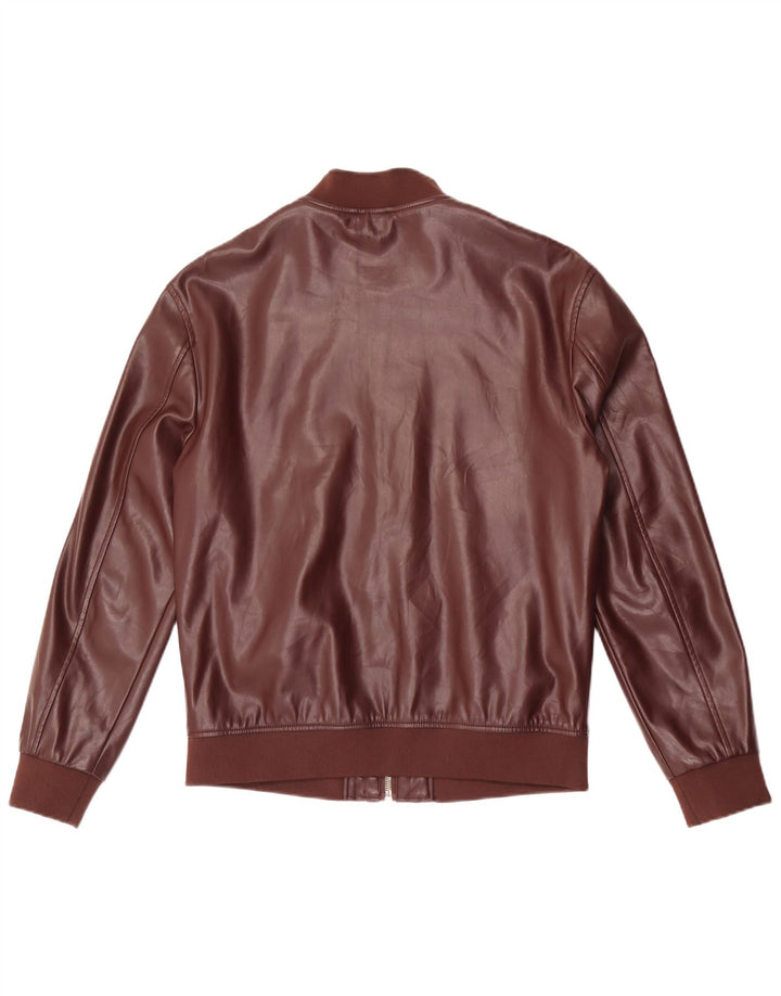 Zara Mens Faux Leather Bomber Jacket UK 38 Medium Brown Polyester