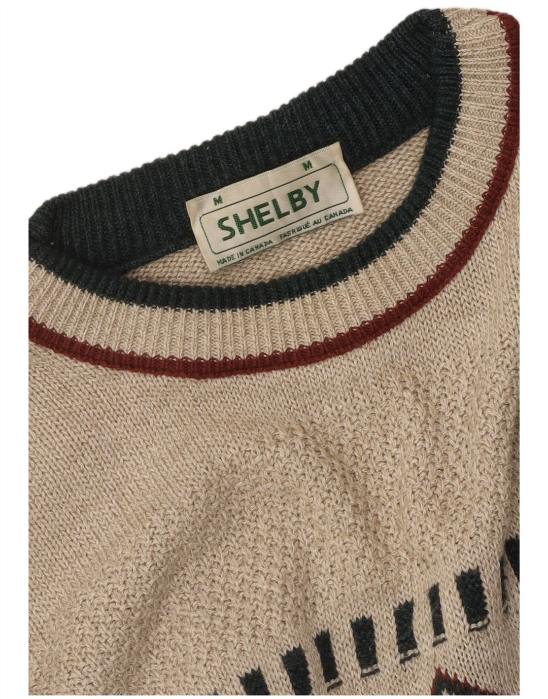 VINTAGE Mens Crew Neck Jumper Sweater Medium Beige Fair Isle