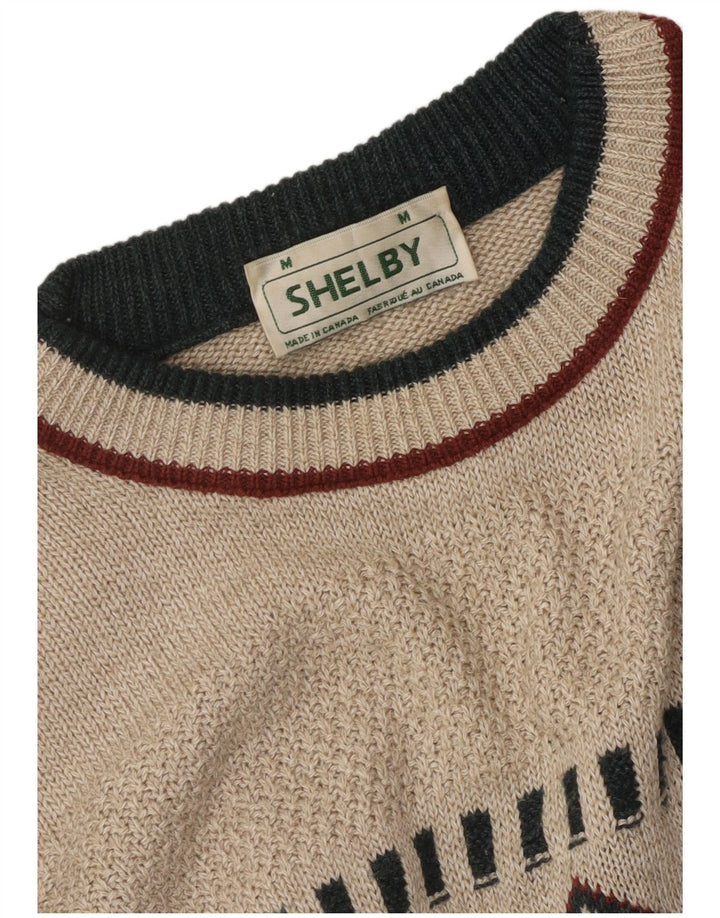 VINTAGE Mens Crew Neck Jumper Sweater Medium Beige Fair Isle