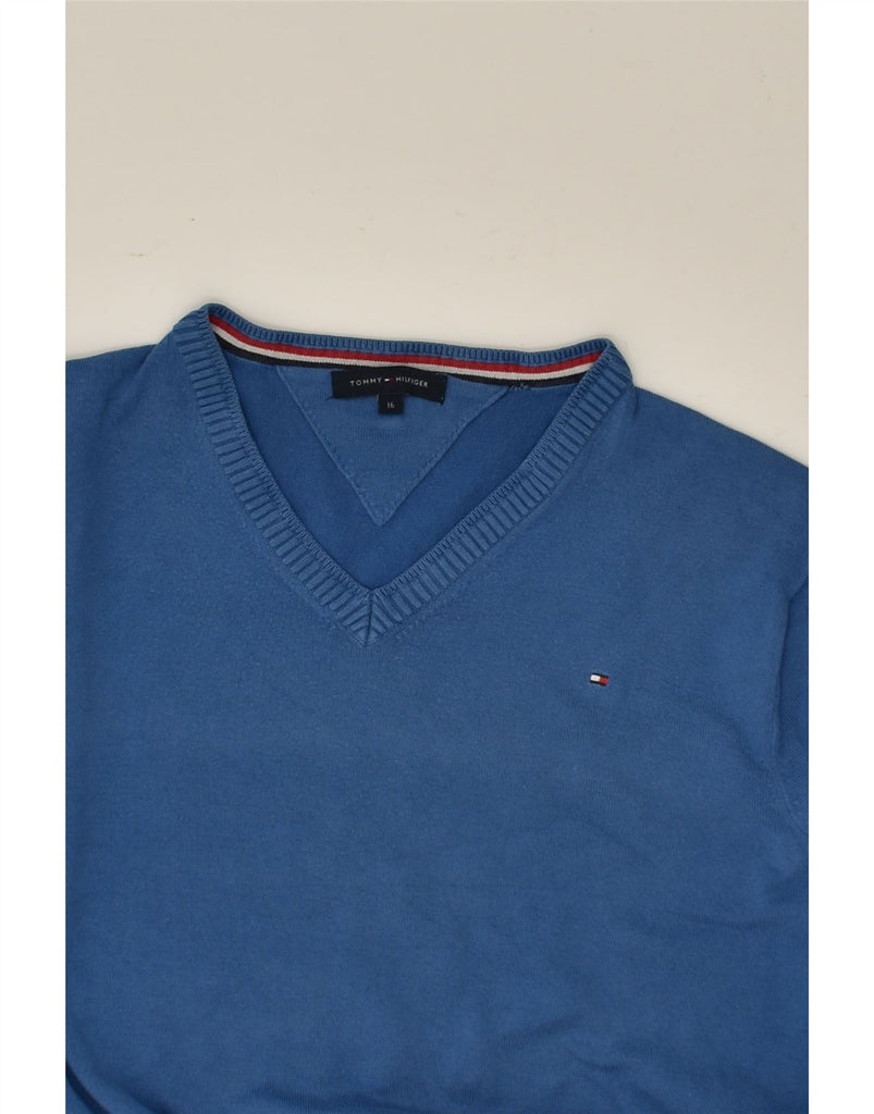 TOMMY HILFIGER Boys V-Neck Jumper Sweater 15-16 Years Blue Cotton | Vintage Tommy Hilfiger | Thrift | Second-Hand Tommy Hilfiger | Used Clothing | Messina Hembry 