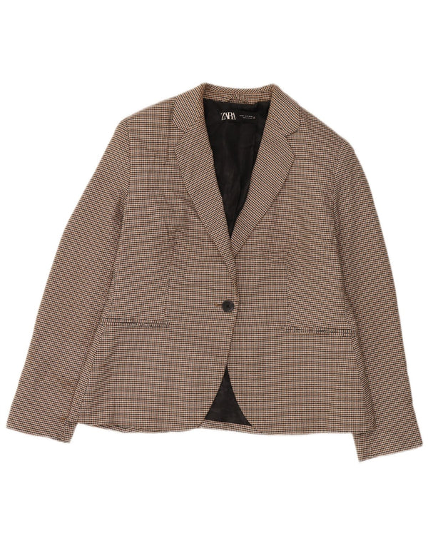 Zara Womens 1 Button Blazer Jacket EU 42 Large Brown Houndstooth