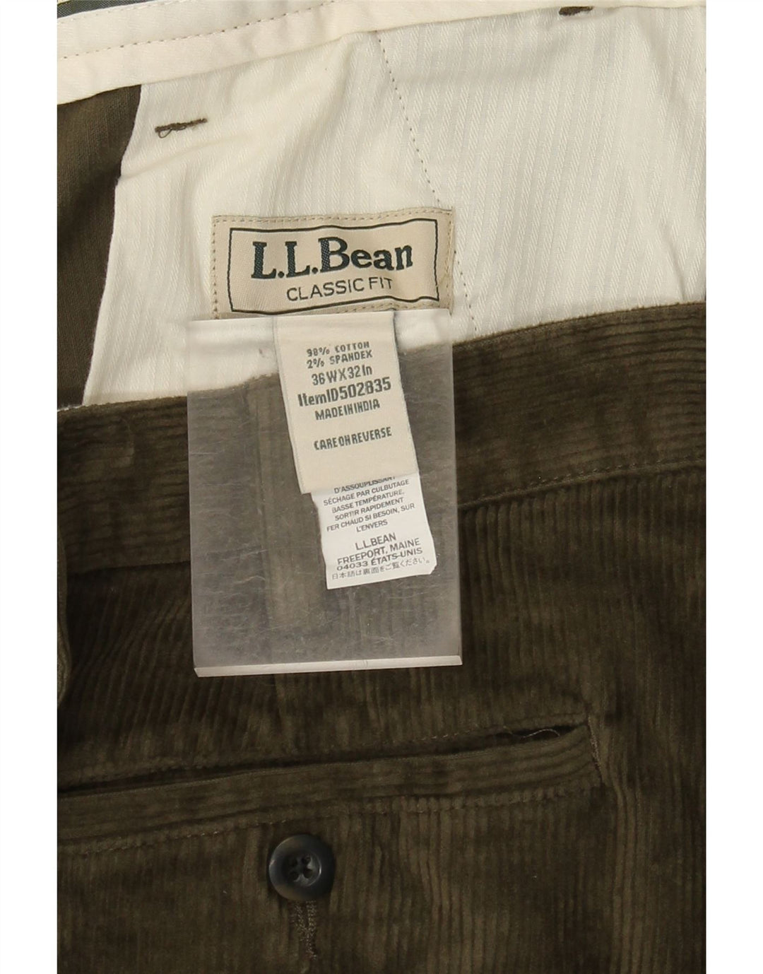 L.L.BEAN Mens Classic Fit Straight Corduroy Trousers W36 L32 Khaki Cotton