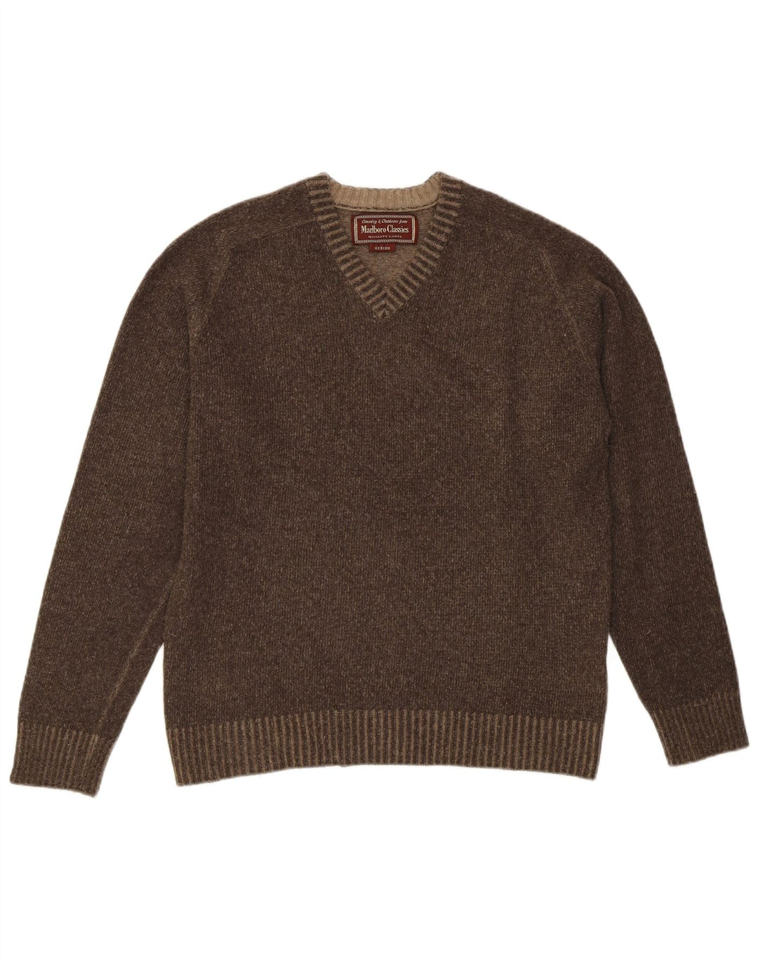Marlboro Classics Womens V-Neck Jumper Sweater UK 14 Medium Brown Wool
