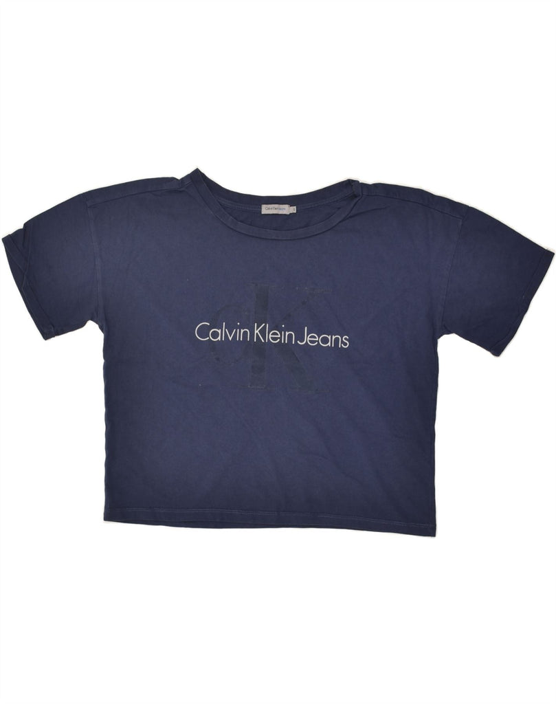 CALVIN KLEIN JEANS Womens Crop Graphic T-Shirt Top UK 10 Small Navy Blue | Vintage Calvin Klein Jeans | Thrift | Second-Hand Calvin Klein Jeans | Used Clothing | Messina Hembry 