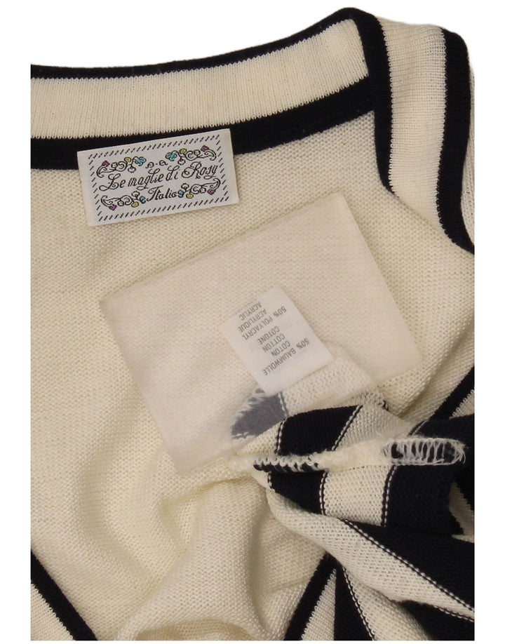 Vintage Womens Cardigan Sweater UK 14 Medium Off White Striped Cotton