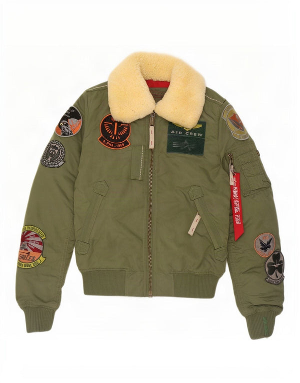 Alpha Industries Womens Graphic Bomber Jacket UK 6 XS Green Nylon