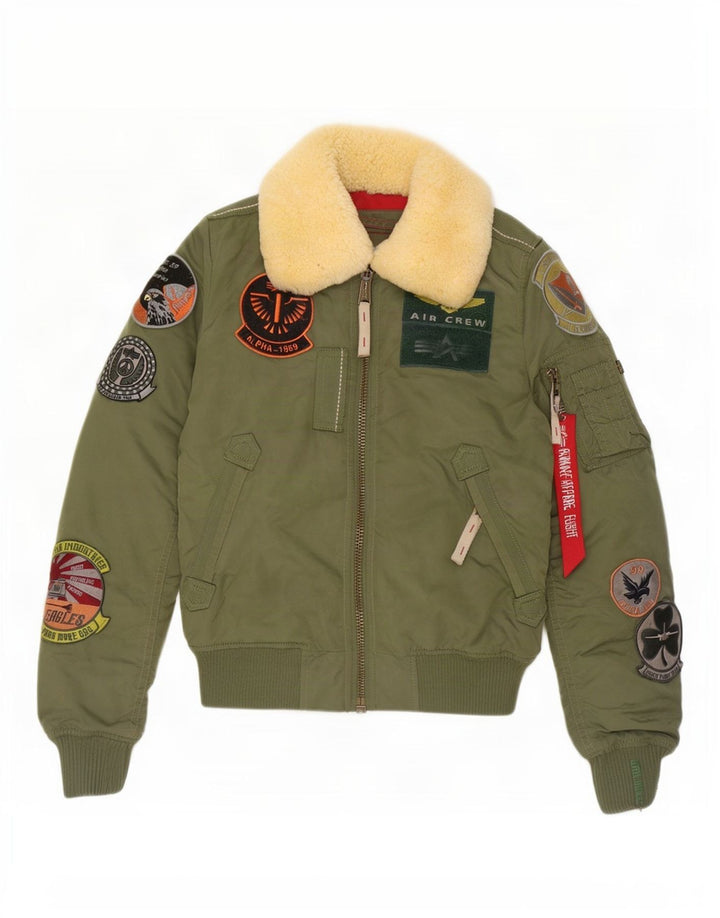 Alpha Industries Womens Graphic Bomber Jacket UK 6 XS Green Nylon