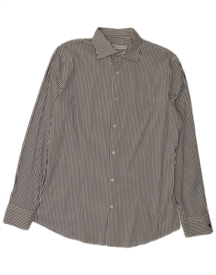 Trussardi Mens Shirt Size 42 Large Navy Blue Pinstripe Cotton