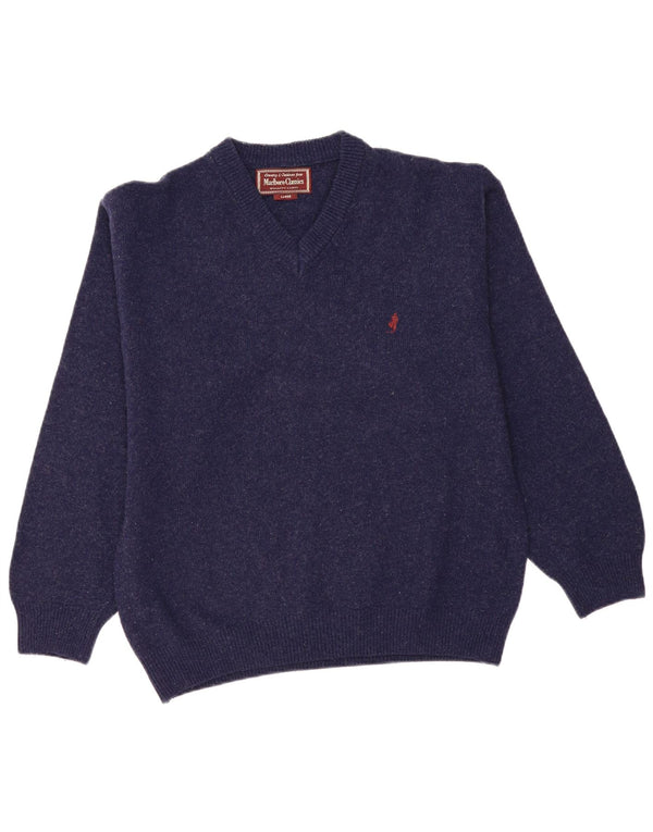 Marlboro Classics Mens V-Neck Jumper Sweater Large Navy Blue Lambswool