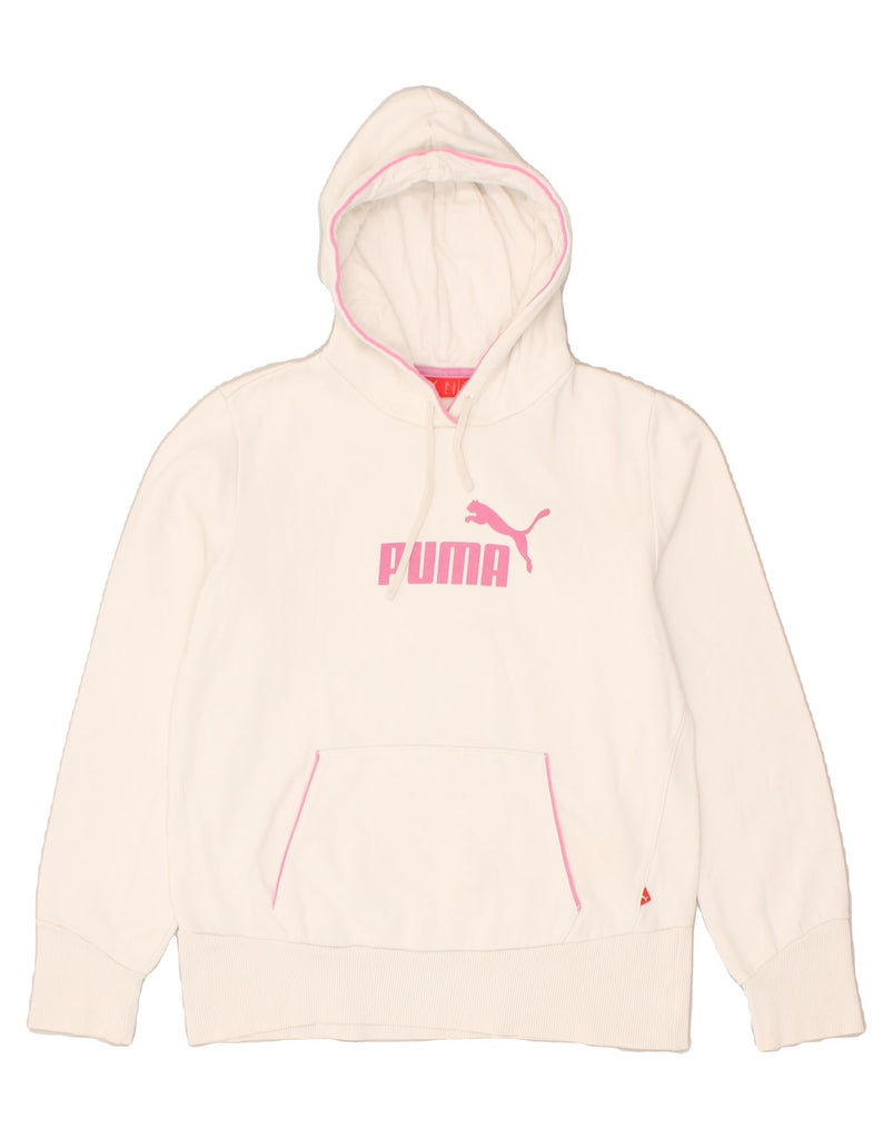 PUMA Womens Graphic Hoodie Jumper UK 14 Large White Cotton | Vintage Puma | Thrift | Second-Hand Puma | Used Clothing | Messina Hembry 