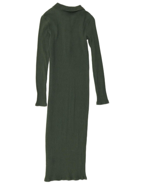 Zara Womens Maxi Long Sleeve Polo Dress UK 10 Small Green Cotton