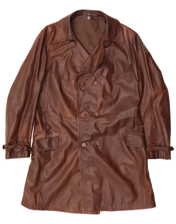 Vintage Mens Double Breasted Leather Coat UK 38 Medium Brown