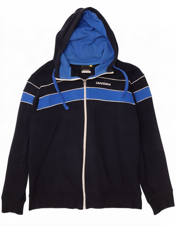 Diadora Mens Zip Hoodie Sweater XL Navy Blue Colourblock Cotton