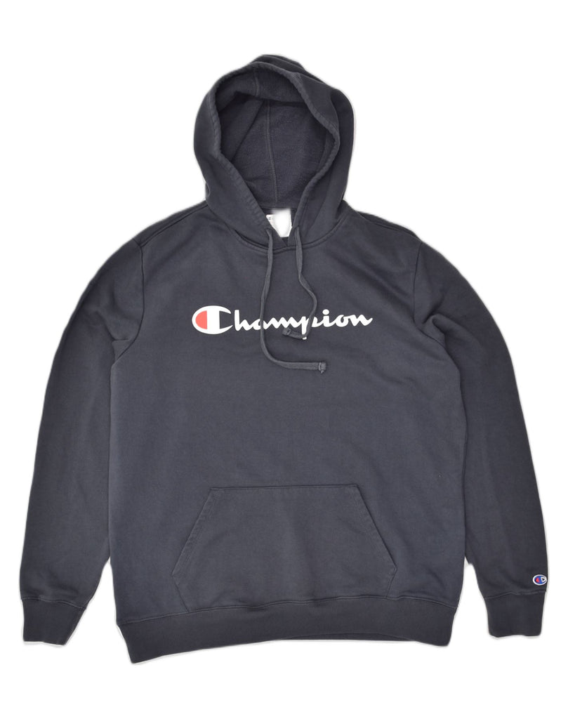 CHAMPION Mens Graphic Hoodie Jumper Large Navy Blue Cotton | Vintage Champion | Thrift | Second-Hand Champion | Used Clothing | Messina Hembry 