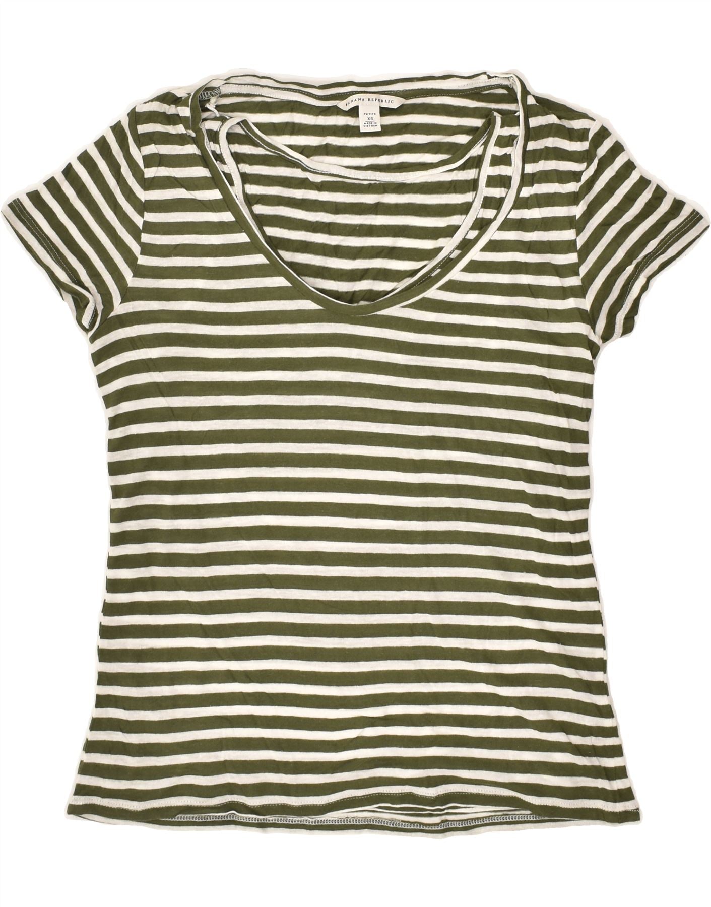 BANANA REPUBLIC Womens Petite T-Shirt Top UK 6 XS Green Striped Rayon, Vintage & Second-Hand Clothing Online