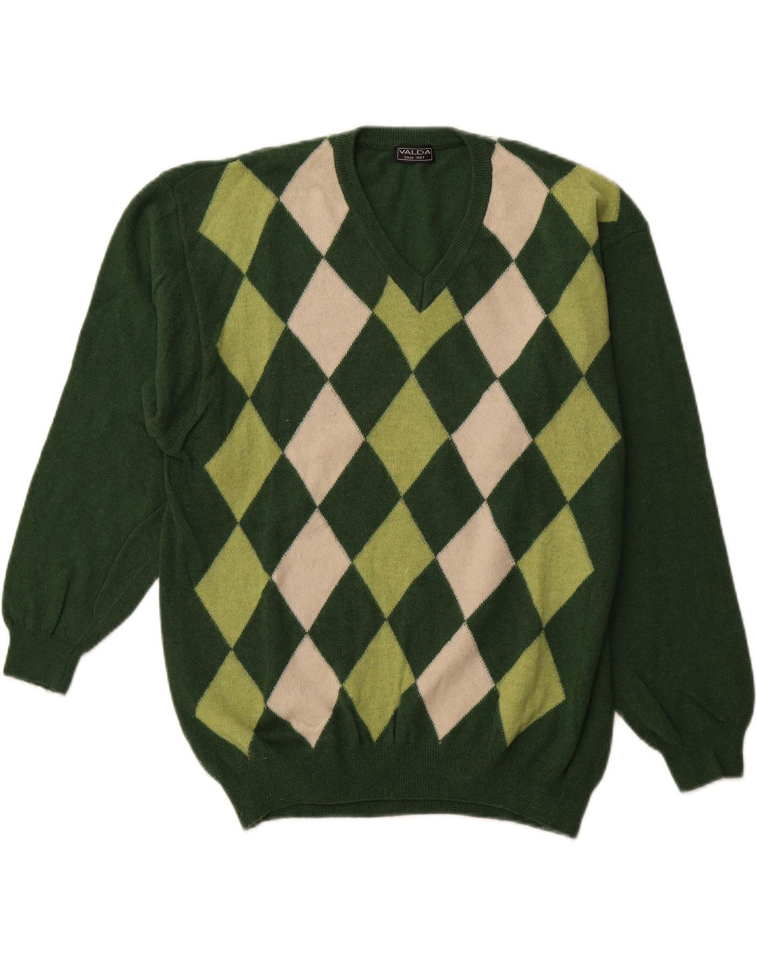 VALDA Mens V-Neck Jumper Sweater Large Green Argyle/Diamond Wool