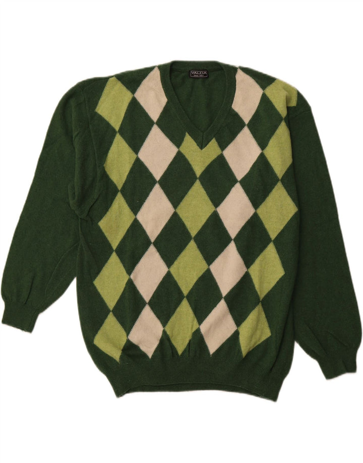 VALDA Mens V-Neck Jumper Sweater Large Green Argyle/Diamond Wool