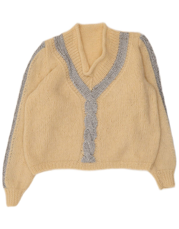 Vintage Womens Crop V-Neck Jumper Sweater UK 14 Large Beige Colourblock