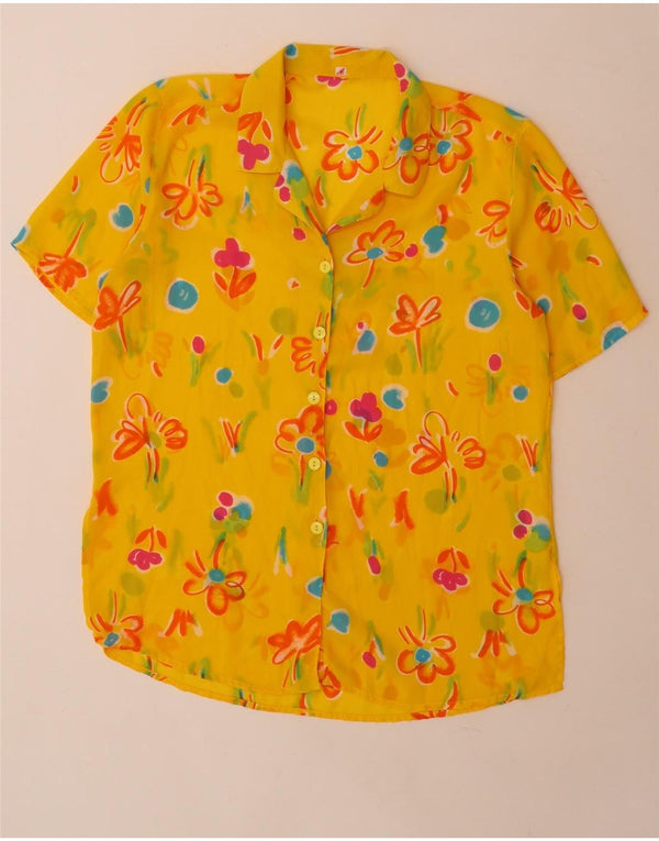 Vintage Womens See Through Short Sleeve Shirt Blouse Large Yellow Floral