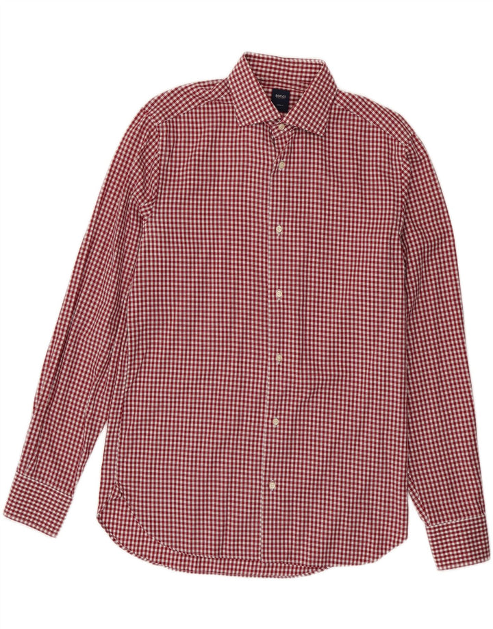 Boggi Mens Checked Custom Fit Shirt Size 40 15 1/2 Medium Burgundy Gingham