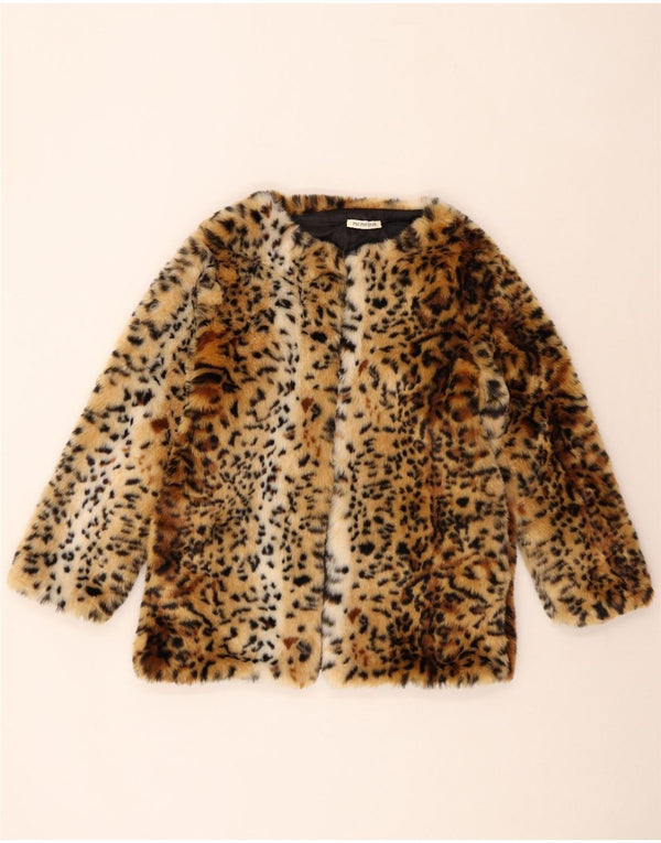 Vintage Womens Open Faux Fur Jacket UK 14 Medium Brown Animal Print