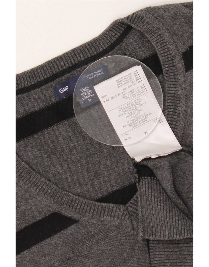 Gap Mens V-Neck Jumper Sweater Medium Grey Striped Cotton