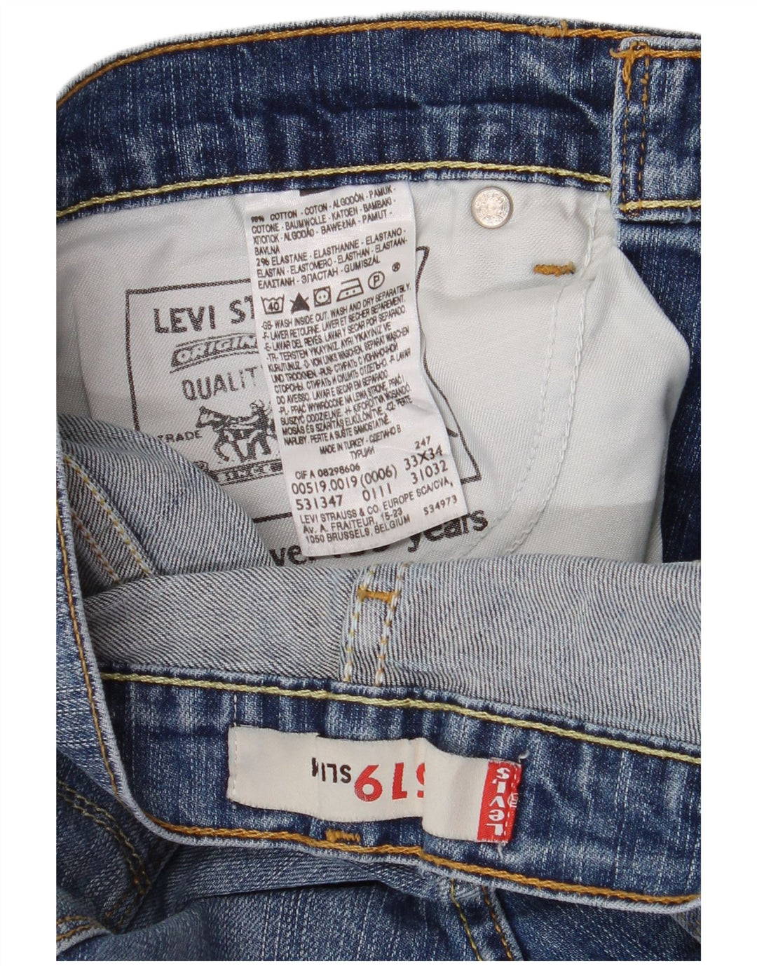 Levi's Mens 519 Slim Jeans W33 L34 Blue Cotton