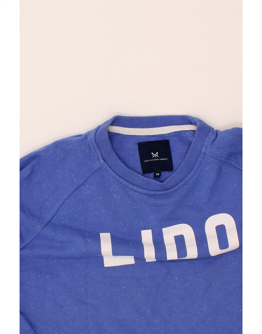 CREW CLOTHING Womens Graphic Sweatshirt Jumper UK 12 Medium Blue Cotton Vintage Crew Clothing and Second-Hand Crew Clothing from Messina Hembry 