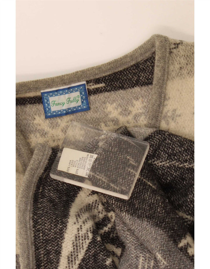 Vintage Mens Graphic Sleeveless Cardigan Sweater Medium Grey Wool