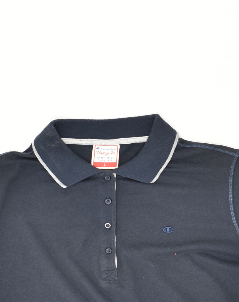 CHAMPION Womens Polo Shirt UK 14 Large Navy Blue Cotton | Vintage Champion | Thrift | Second-Hand Champion | Used Clothing | Messina Hembry 