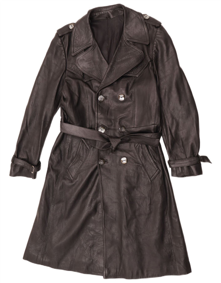 Vintage Mens Double Breasted Leather Trench Coat UK 36 Small Black