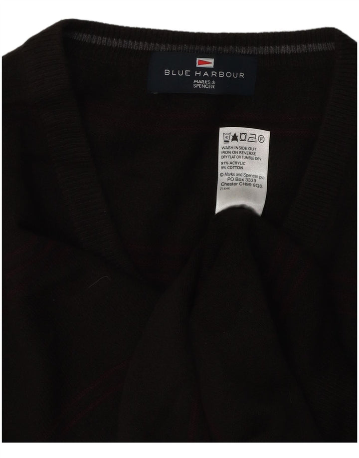 Marks & Spencer Mens Blue Harbour V-Neck Jumper Sweater XL Brown Striped